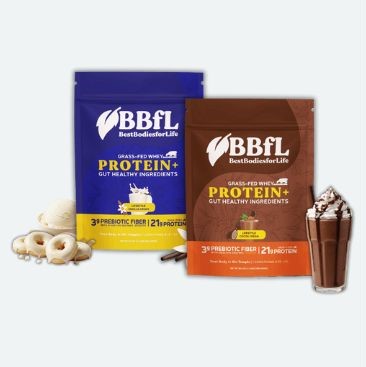 Two packages of BBFL Grass-Fed Whey Protein+ in different flavors (vanilla and chocolate) are displayed with related food items, a vanilla ice cream scoop and a chocolate milkshake.