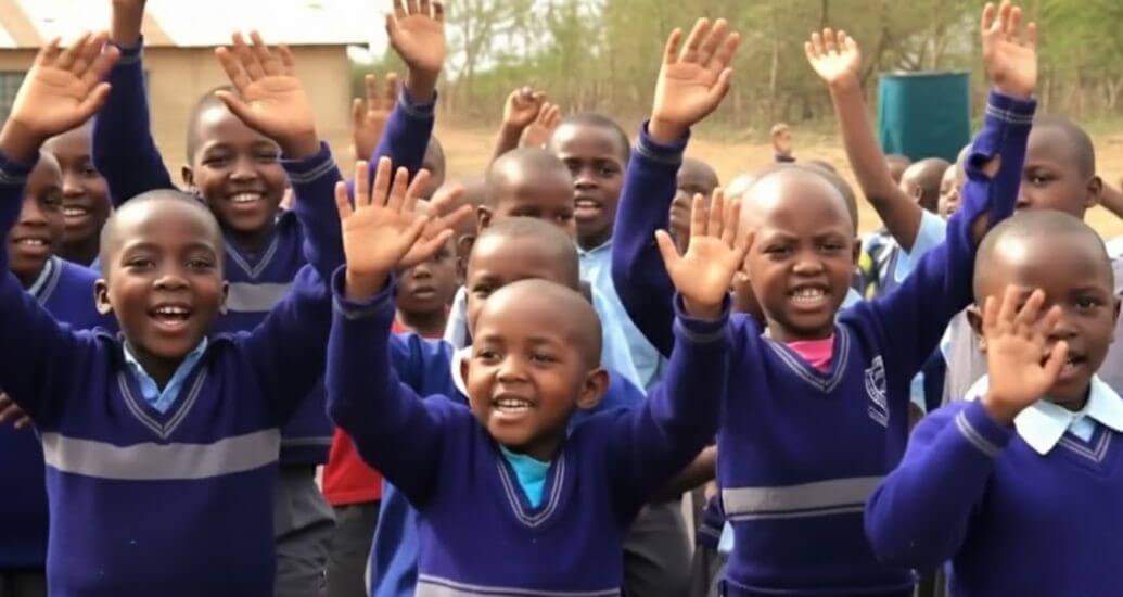 A group of happy young children in blue school uniforms raise their hands enthusiastically outdoors.