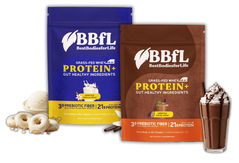 Two packages of BBFL Grass-Fed Whey Protein+ (Vanilla Cream and Cocoa Cream) are displayed with a bowl of vanilla ice cream, and a chocolate milkshake.