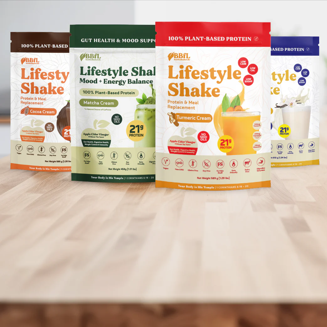 A lineup of BBFL Lifestyle Shake protein powder packages in various flavors, including Cocoa Cream, Matcha Cream, Turmeric Cream, and Vanilla Cream.