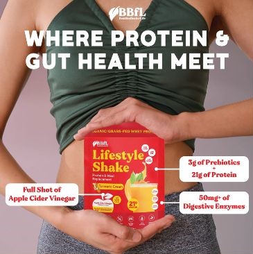 A woman holds a red package of BBFL Lifestyle Shake, with text promoting its protein and gut health benefits, including prebiotics, protein, apple cider vinegar, and digestive enzymes.