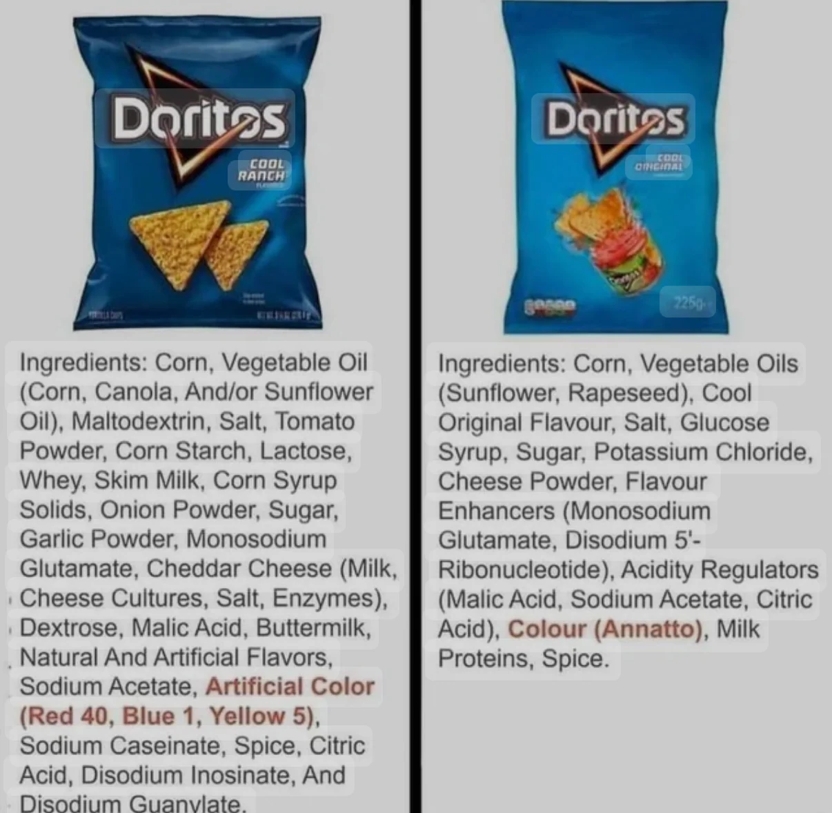 Two bags of Doritos, Cool Ranch and Cool Original, are displayed side-by-side with their ingredient lists.