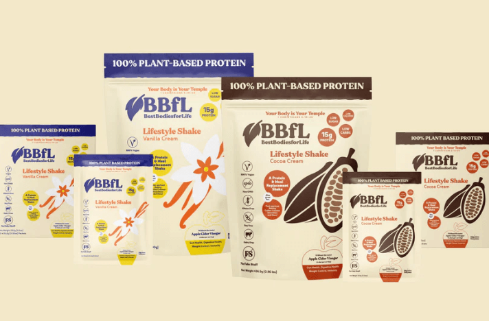 A variety of BBFL Lifestyle Shake plant-based protein powders in vanilla cream and cocoa cream flavors.