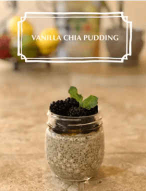 A small jar of vanilla chia pudding topped with blackberries and mint, with a label saying "VANILLA CHIA PUDDING".
