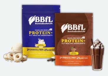 Two packages of BBFL Grass-Fed Whey Protein+ in different flavors (vanilla and chocolate) are displayed with related food items, a vanilla ice cream scoop and a chocolate milkshake.