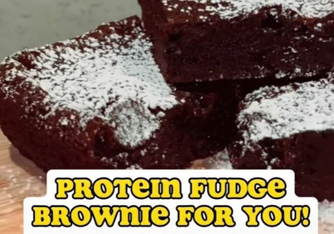 Three dark chocolate brownies, generously dusted with powdered sugar, are shown with the text "PROTEIN FUDGE BROWNIE FOR YOU!" at the bottom.
