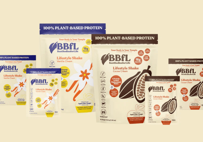 A variety of BBFL Lifestyle Shake plant-based protein powders in vanilla cream and cocoa cream flavors.